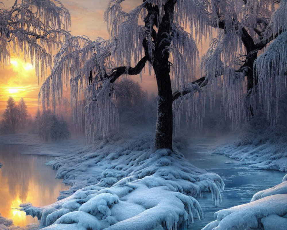 Snowy Sunrise Landscape: Frosty Trees & Frozen River Reflecting Sun's Golden Light