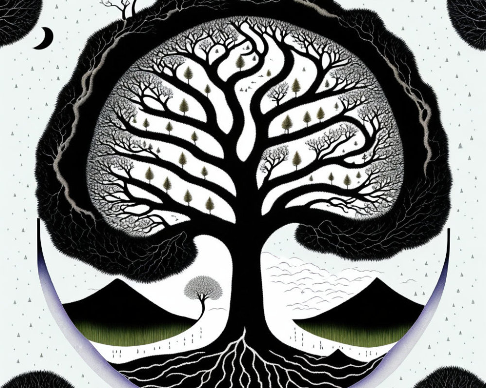 Symmetrical Tree Yin-Yang Symbol with Landscapes Illustration