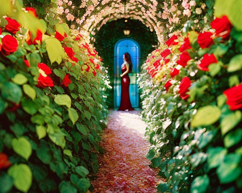 Vibrant garden archway with woman in red dress