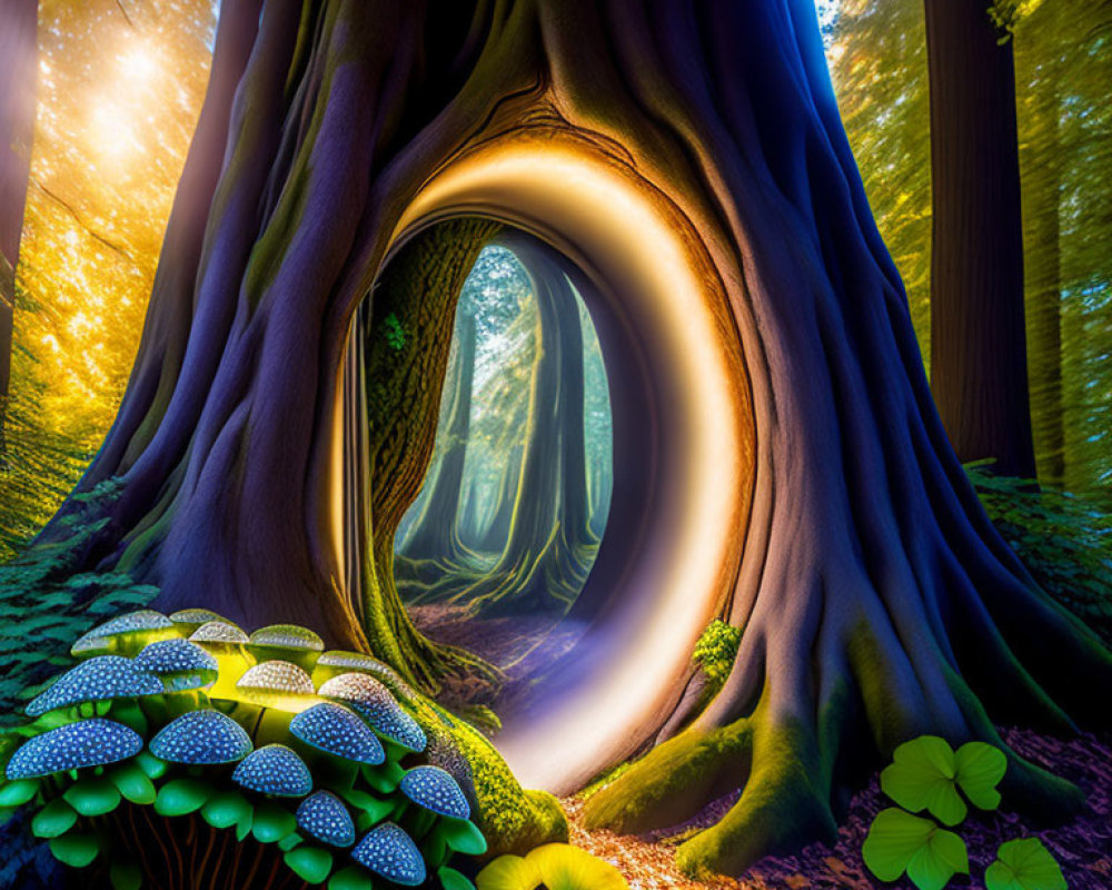 Enchanted forest with glowing tree trunk and mushrooms