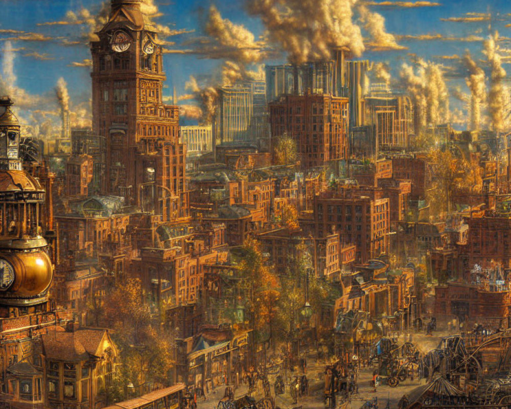 Industrial-era cityscape with clock tower and horse-drawn carriages