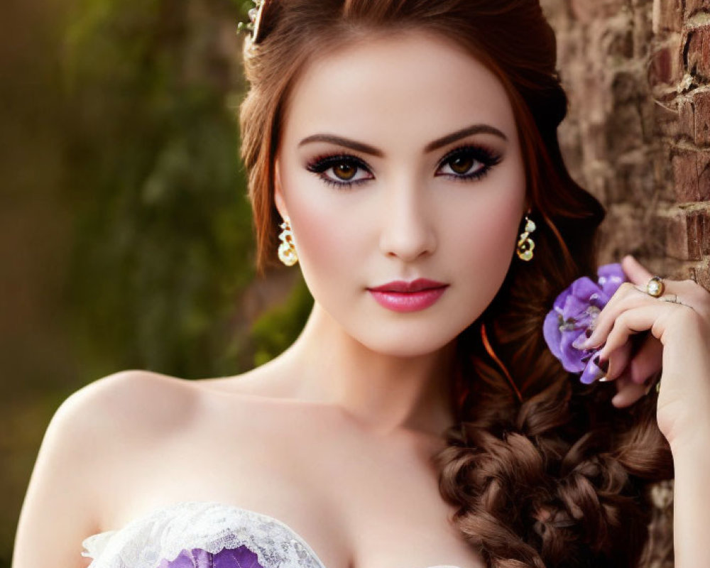 Woman with braided hairstyle in purple corset and floral headpiece poses by brick wall.