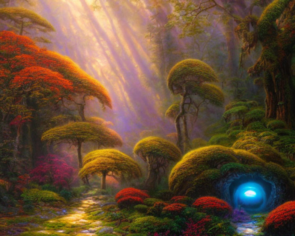 Mystical Forest with Sunlight, Blue Glowing Tunnel & Vibrant Flora