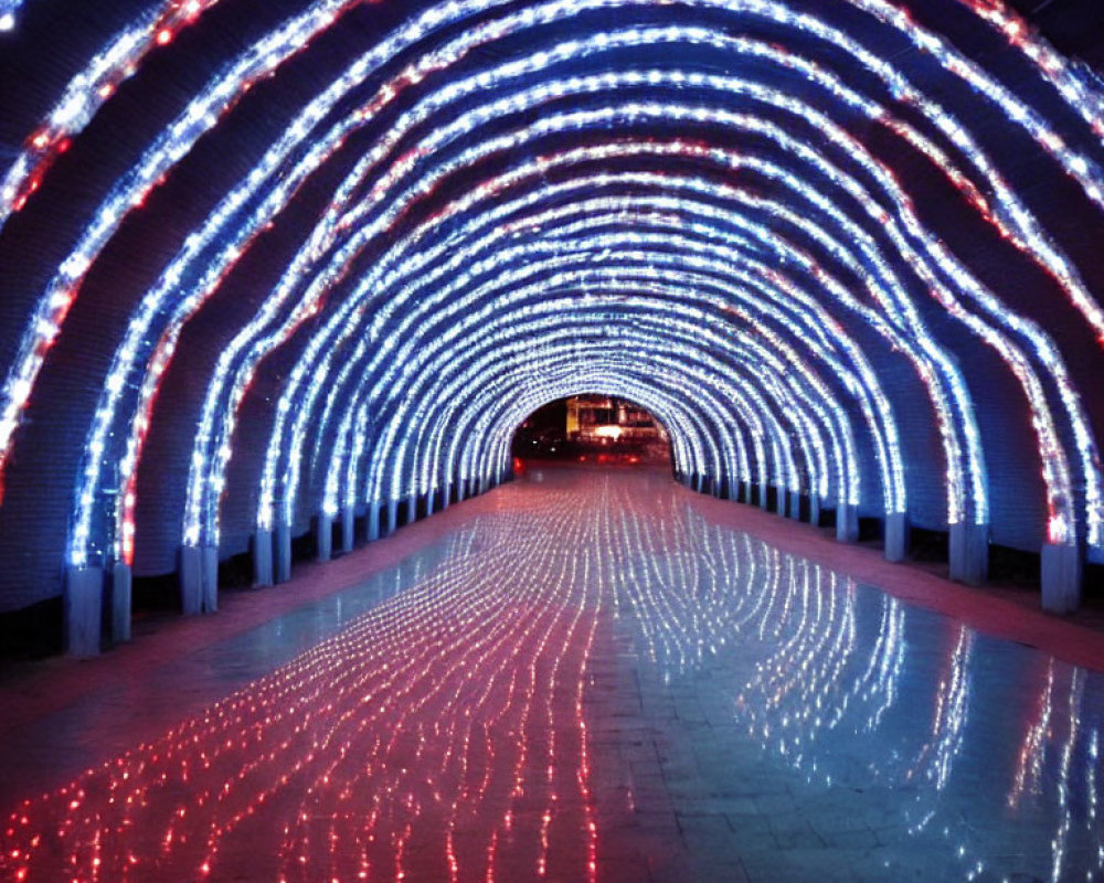 Colorful LED-Lit Tunnel with Glossy Floor Reflections