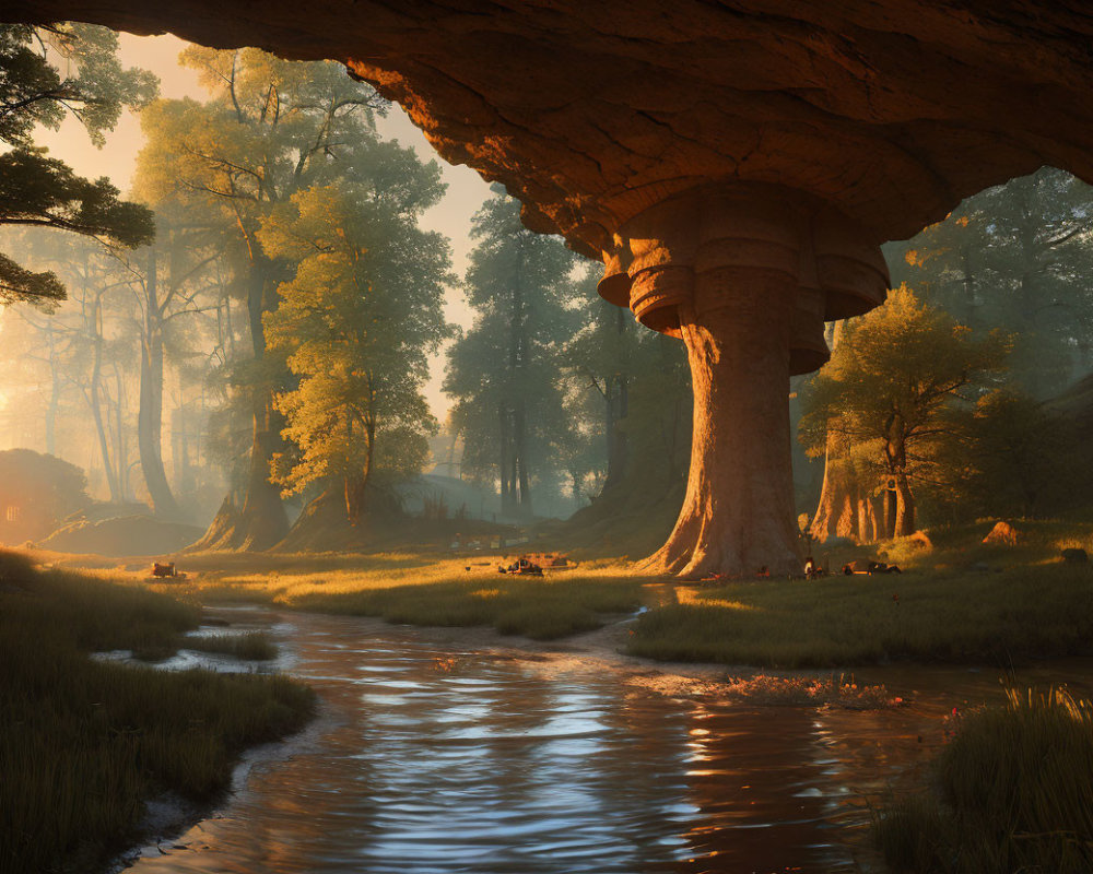 Fantasy forest scene with giant mushroom tree, river, sunlight, and tiny figures