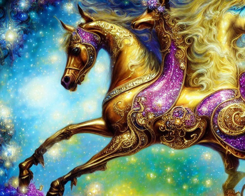 Golden horse in celestial armor galloping in cosmic scene