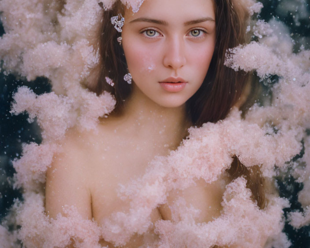 Young woman portrait with pink blossoms and snowflakes.