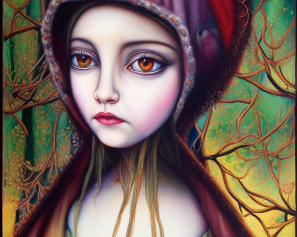 Surreal painting of girl with large eyes and red cap among intricate tree branches