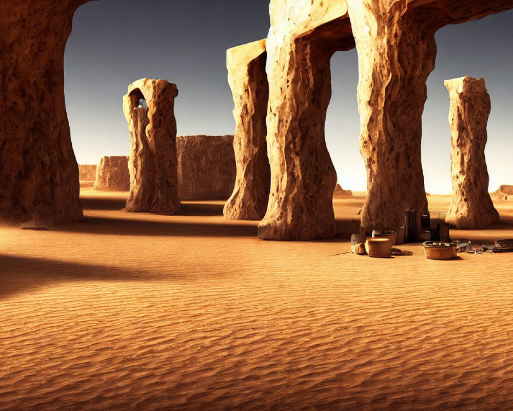 Desert stone arches casting shadows over camping gear