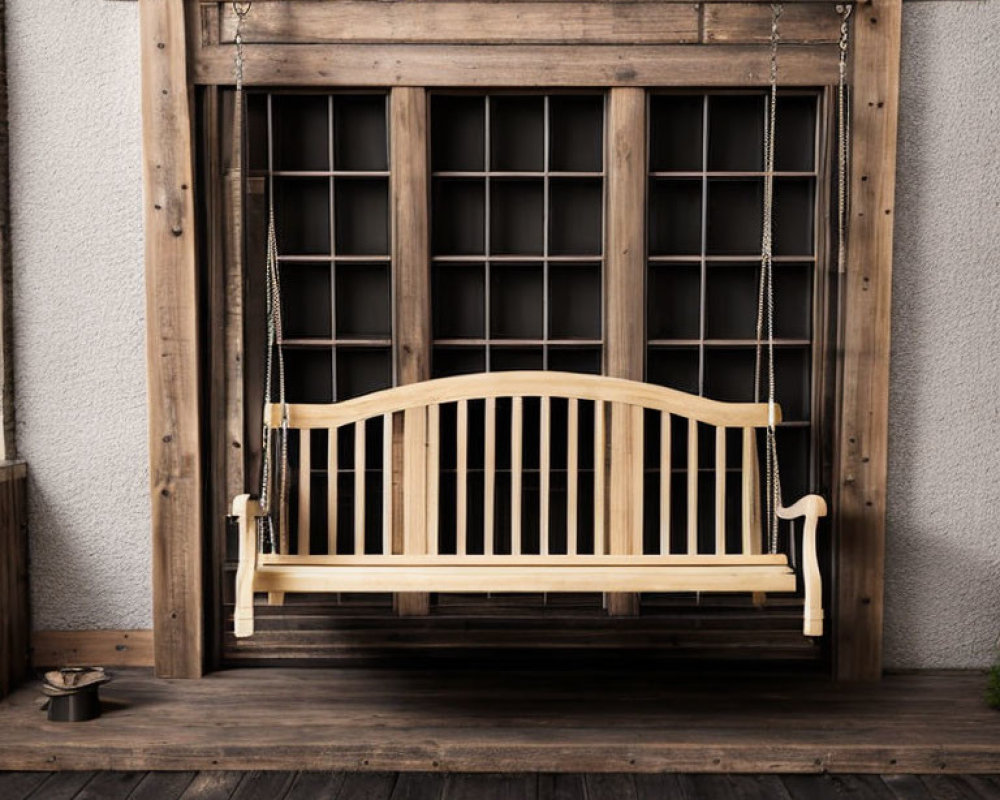 Rustic house with wooden porch swing and grid window