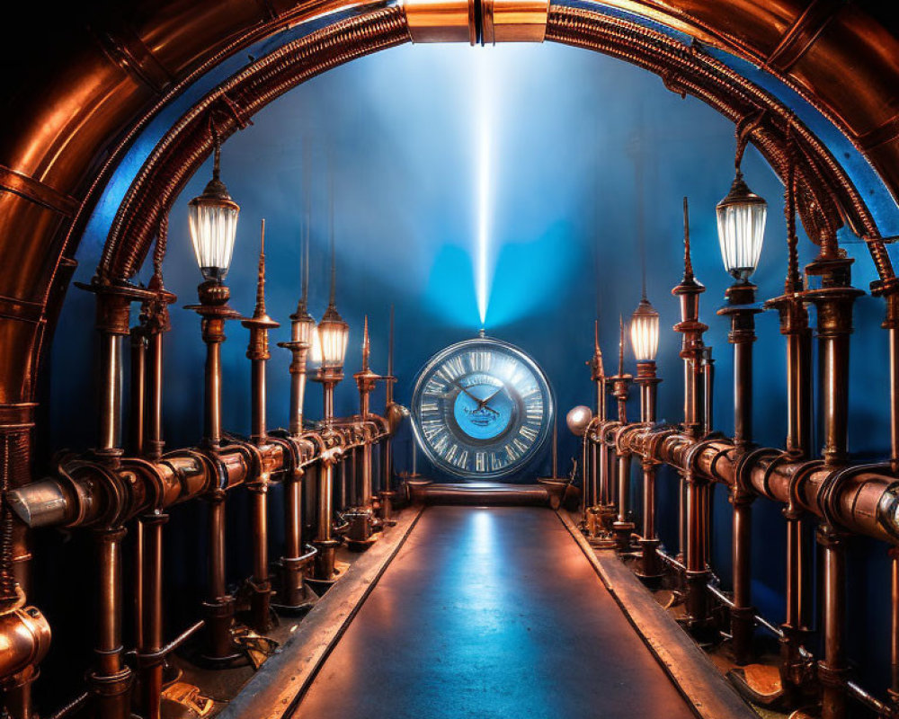 Steampunk-style corridor with vintage lamps and large lit clock under blue light beam