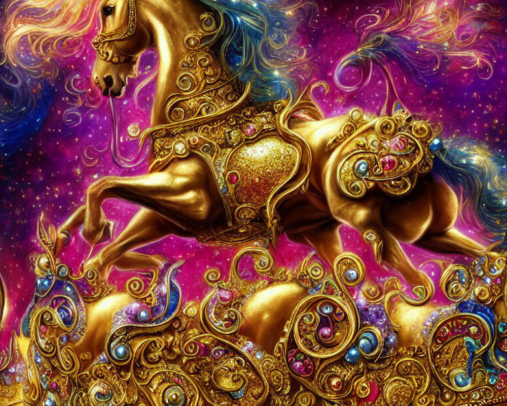 Colorful Carousel Unicorn on Swirling Nebula Background