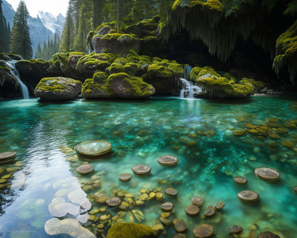 Tranquil forest landscape with moss-covered rocks, blue river, waterfalls, and lush green trees