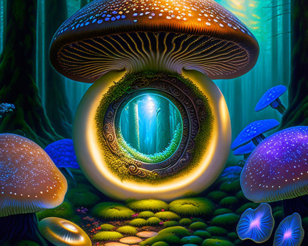 Fantasy forest with oversized mushroom and glowing portal surrounded by luminous fungi