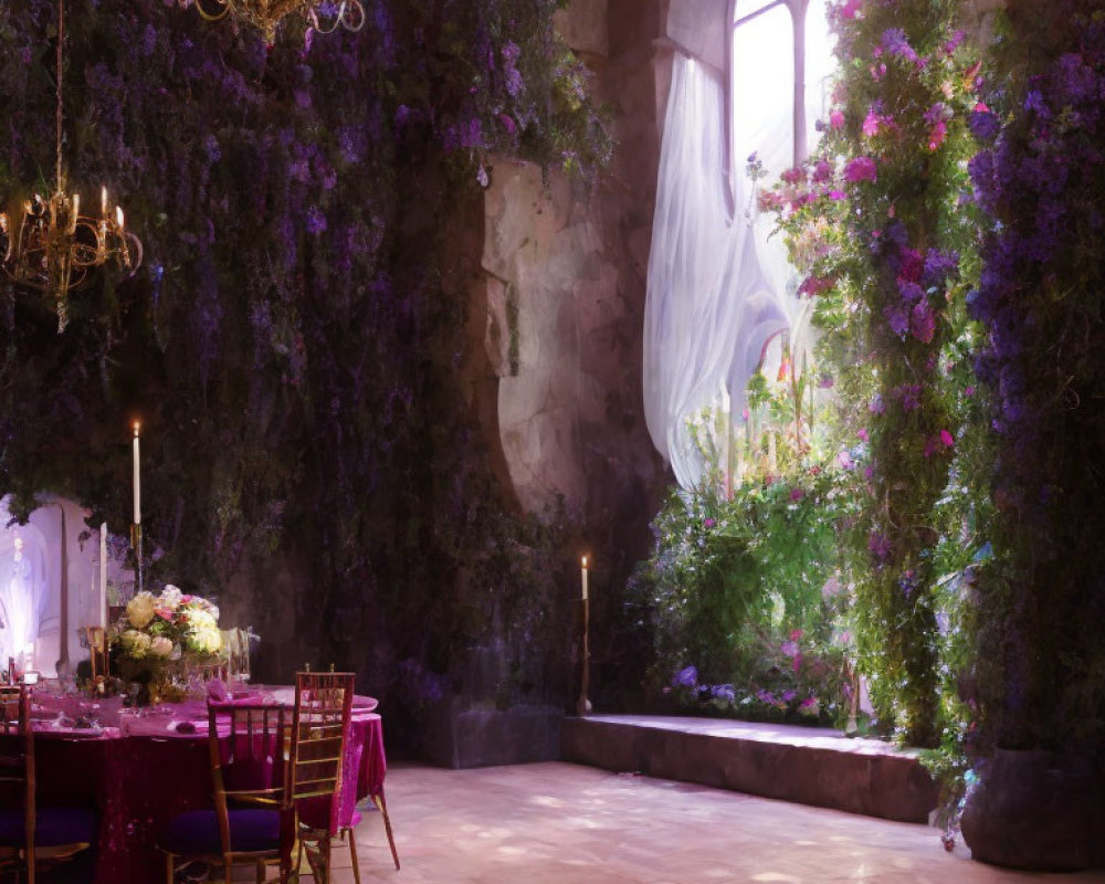 Purple-themed dining area with flowers, vines, windows, and chandeliers