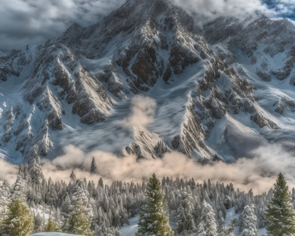 Majestic snow-covered mountain with misty peaks and frosty forest landscape