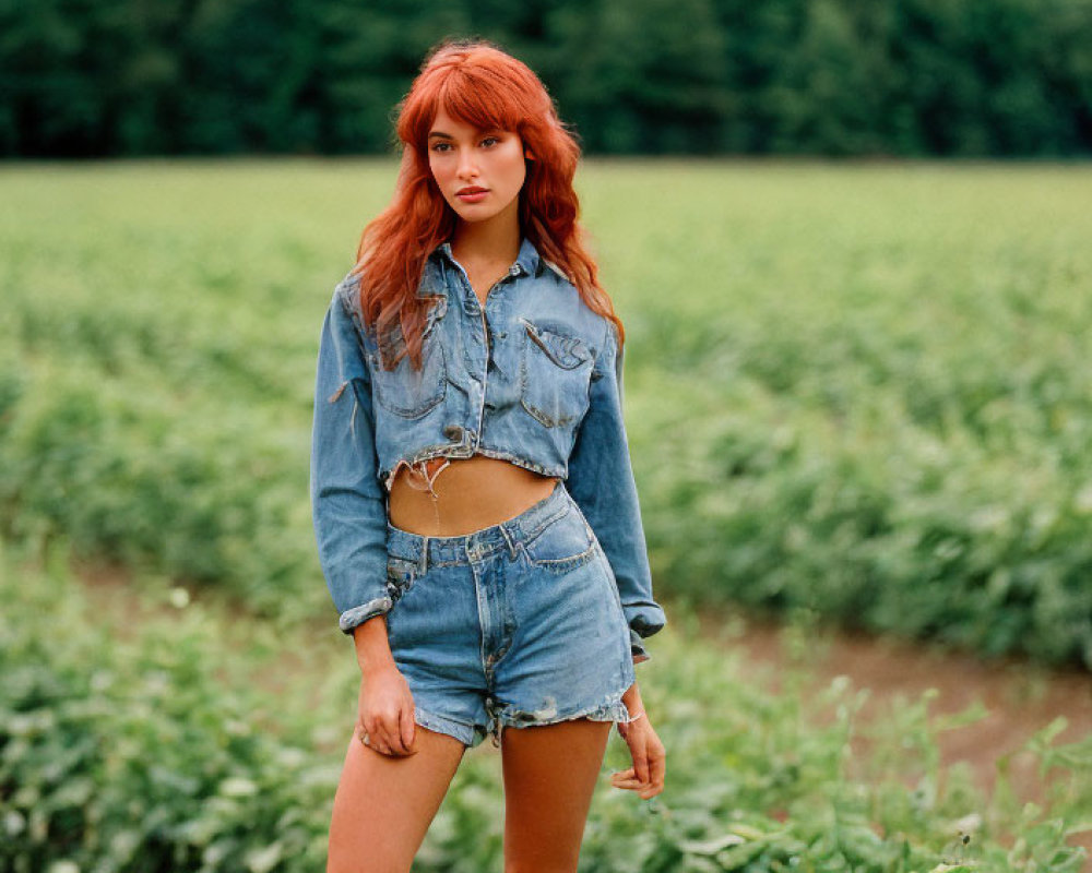 Red-haired woman in denim jacket and shorts standing in field.