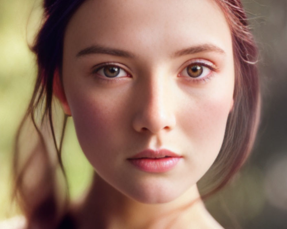 Young woman portrait: brown hair, fair skin, brown eyes, neutral expression