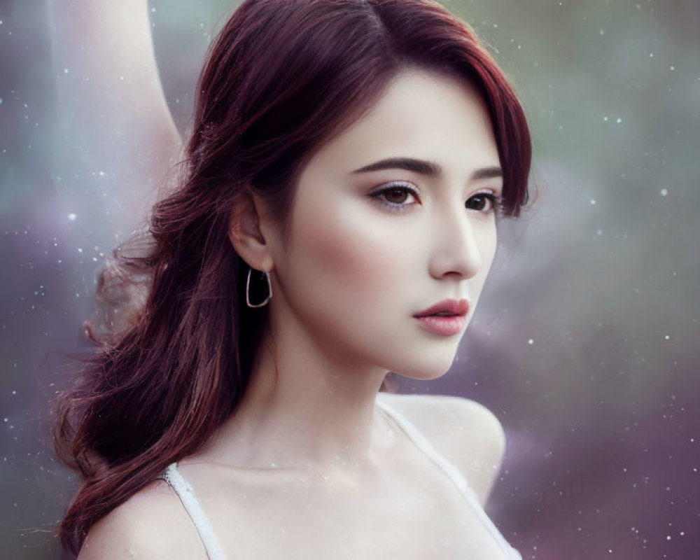 Portrait of young woman with brown hair in white dress against dreamy background