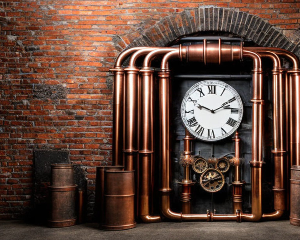 Steampunk-inspired clock with copper pipes and gears against brick wall