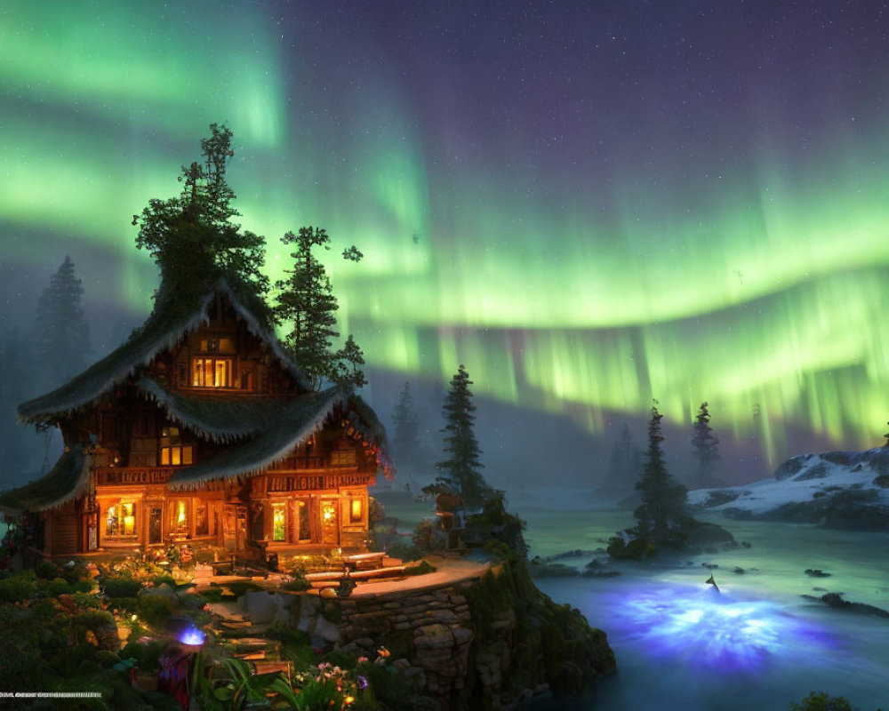 Cozy cabin under northern lights in snowy landscape