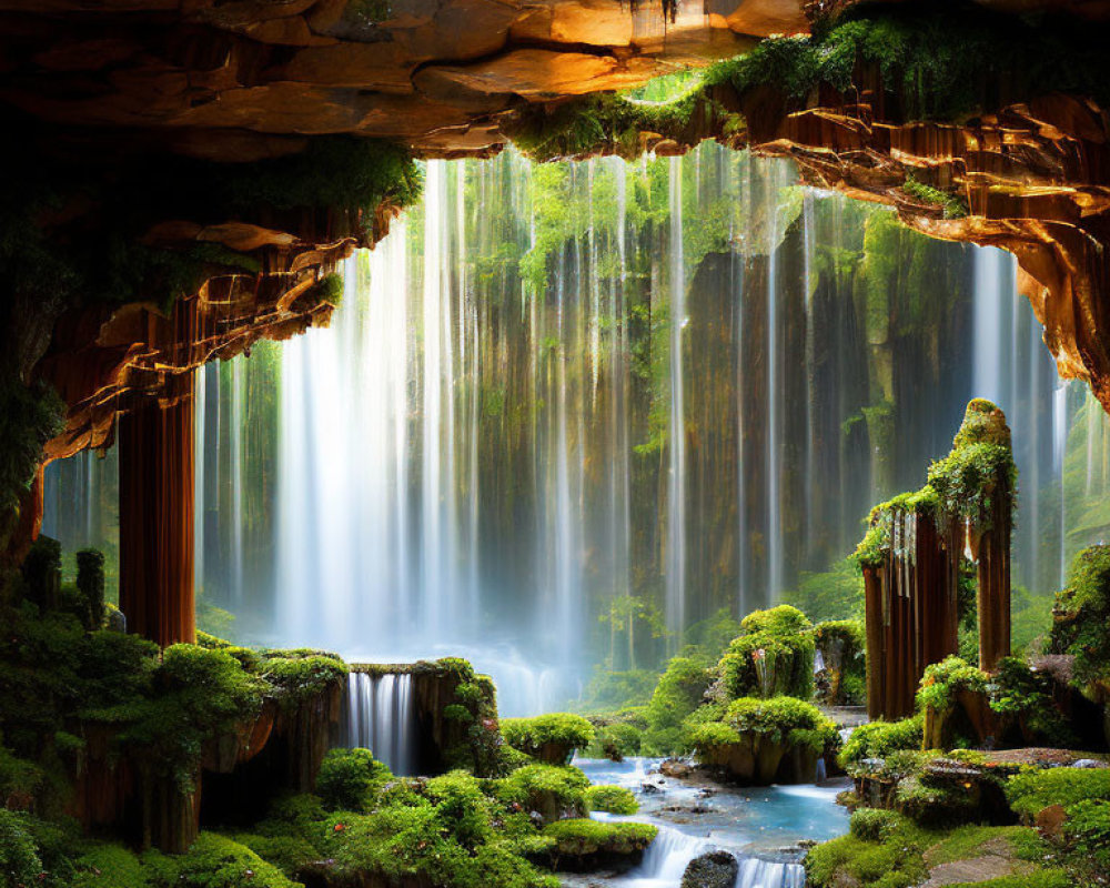 Tranquil cave with waterfall, lush greenery, and serene river