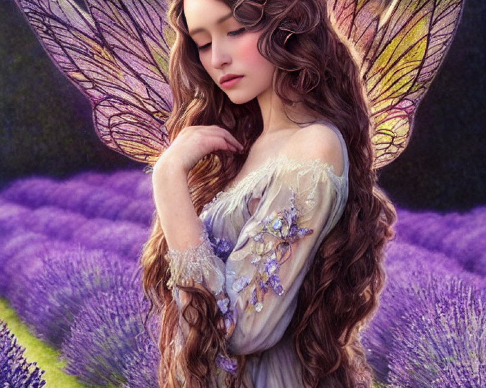 Illustration of a fairy in lavender fields with translucent wings