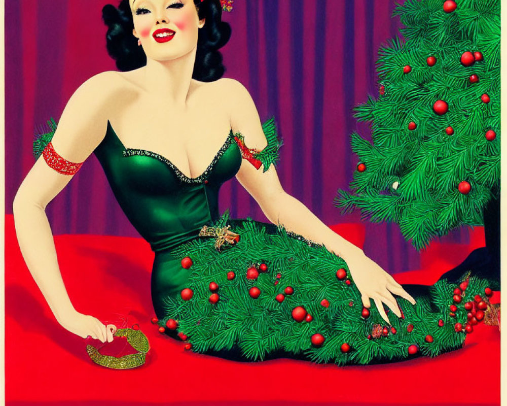 Vintage illustration: Woman in green dress by Christmas tree