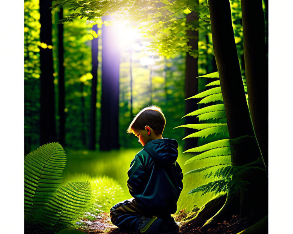 Child sitting in sunlit forest surrounded by ferns and trees