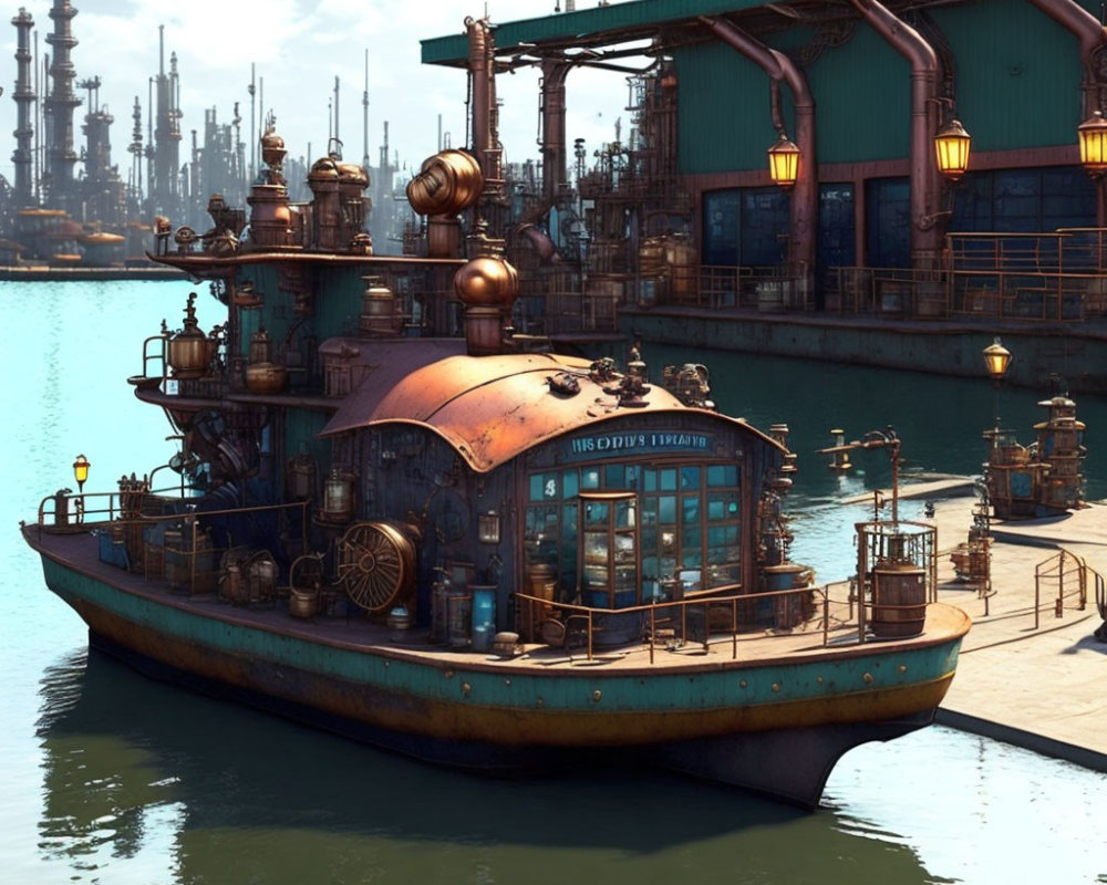 Steampunk-style boat with intricate metalwork and gears in industrial harbor