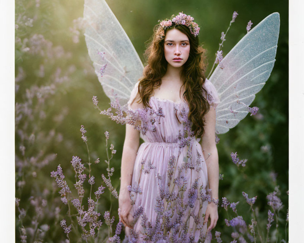 Person in whimsical fairy costume with floral crown and transparent wings among lavender flowers