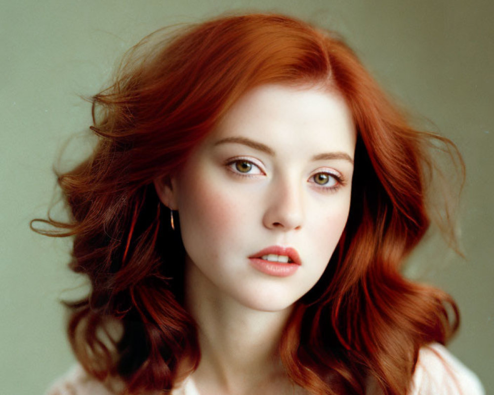 Red-haired woman in pink blouse with green eyes looking at camera