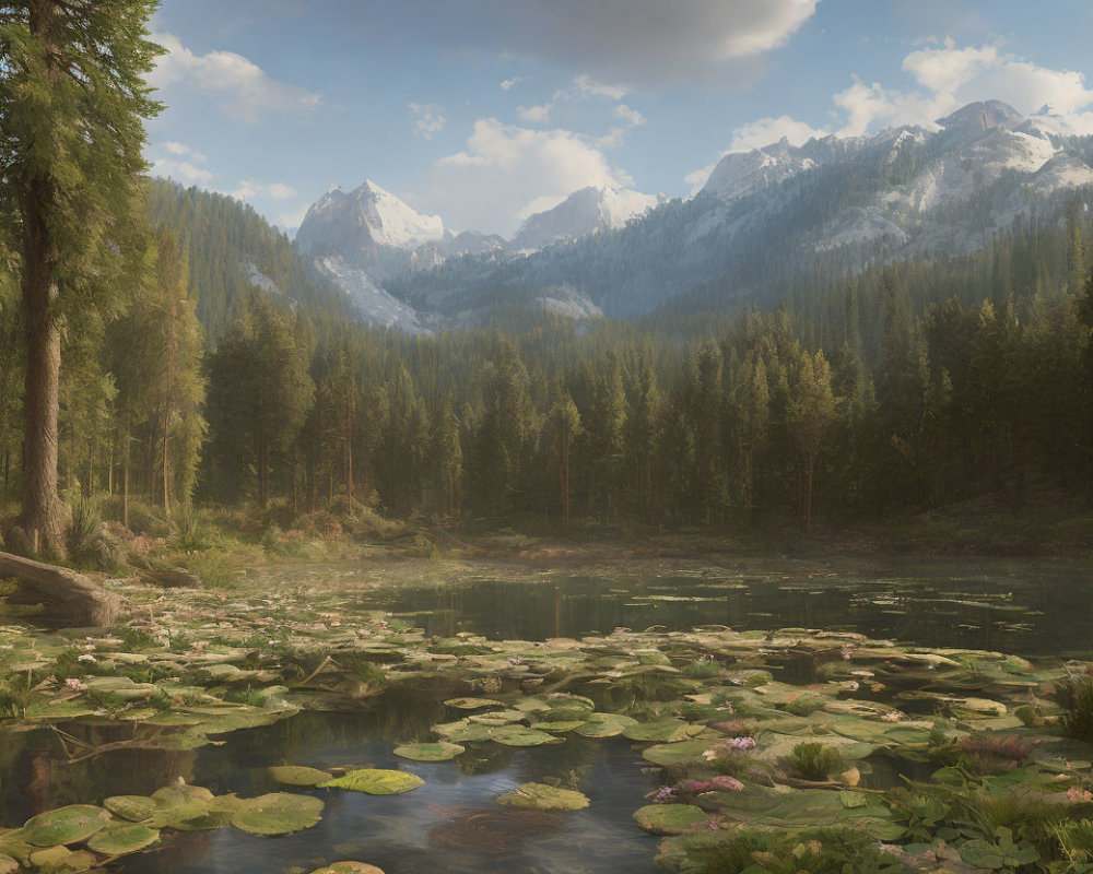 Tranquil lake with water lilies, forest, and mountains in hazy sky