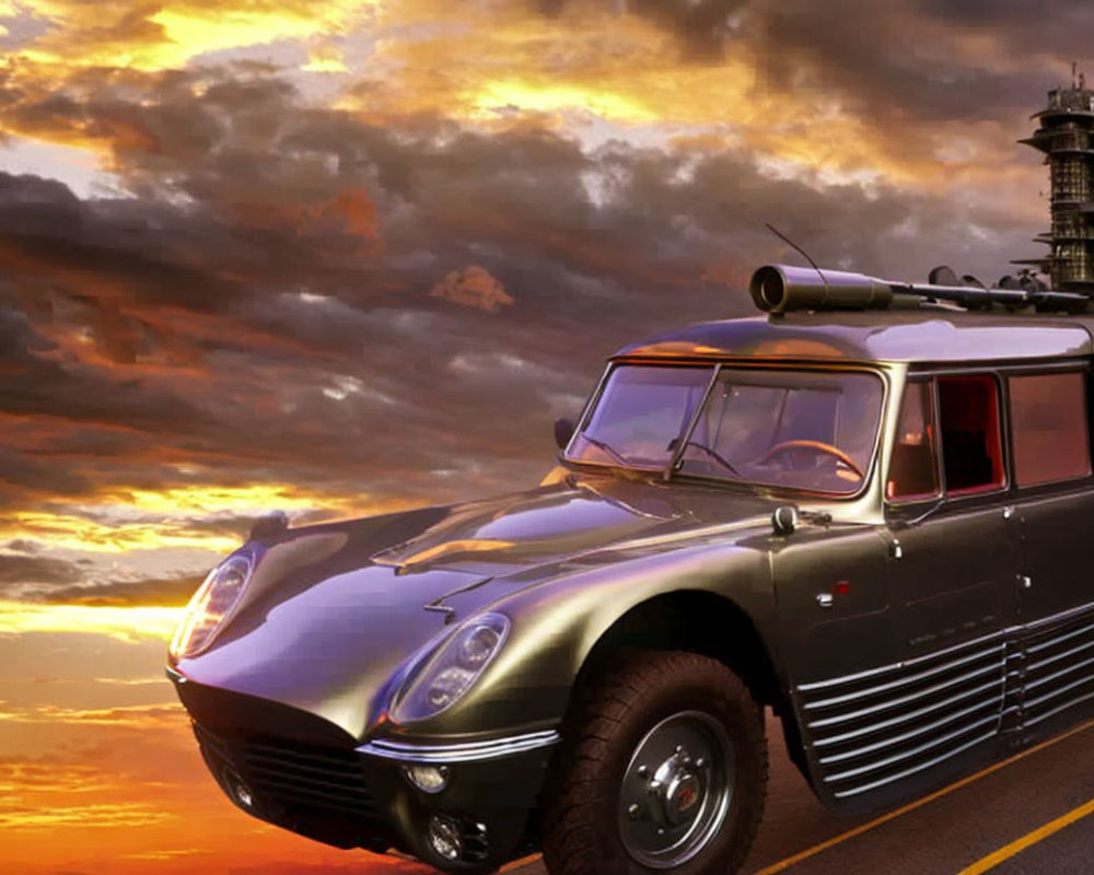 Vintage Silver Car with Armaments Parked by Naval Ship Silhouette