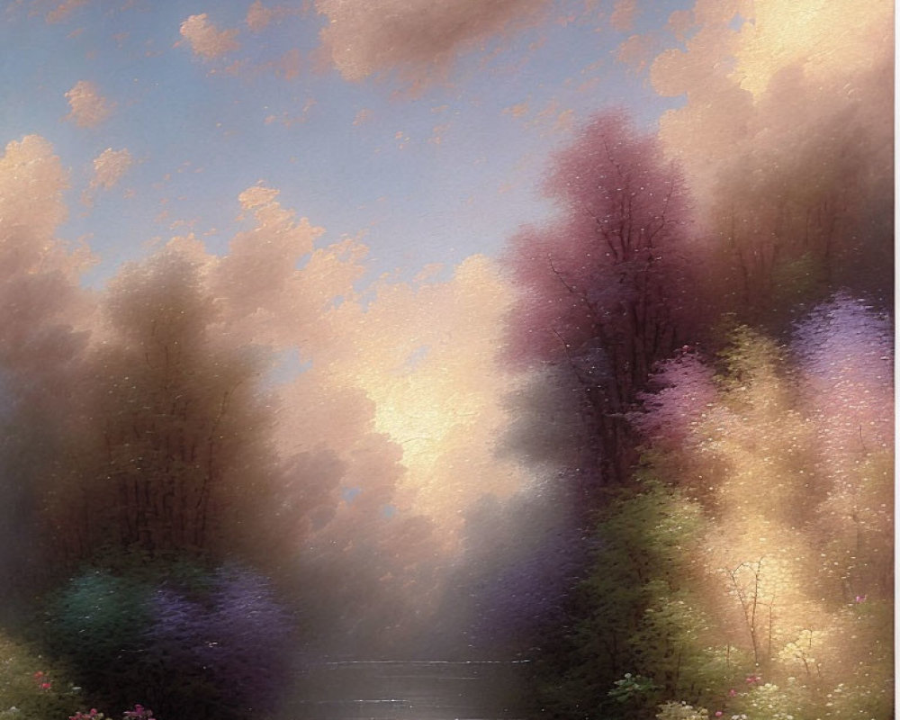 Tranquil waterway painting with misty trees and pastel sky