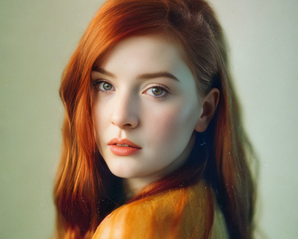 Portrait of Woman with Long Red Hair and Fair Skin on Warm-toned Background