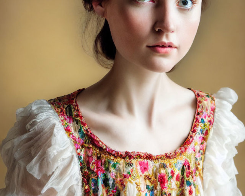 Fair-skinned woman in vintage floral dress with green eyes on warm backdrop