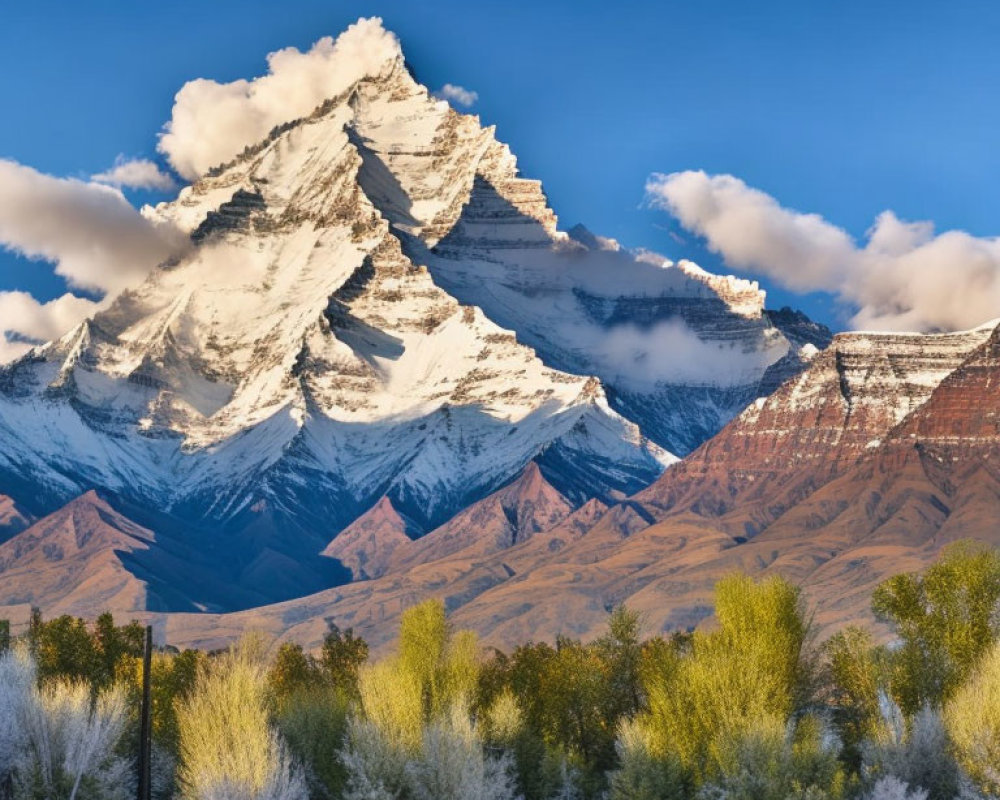 Snow-Capped Mountain Peak Over Green Valley and Blue Sky