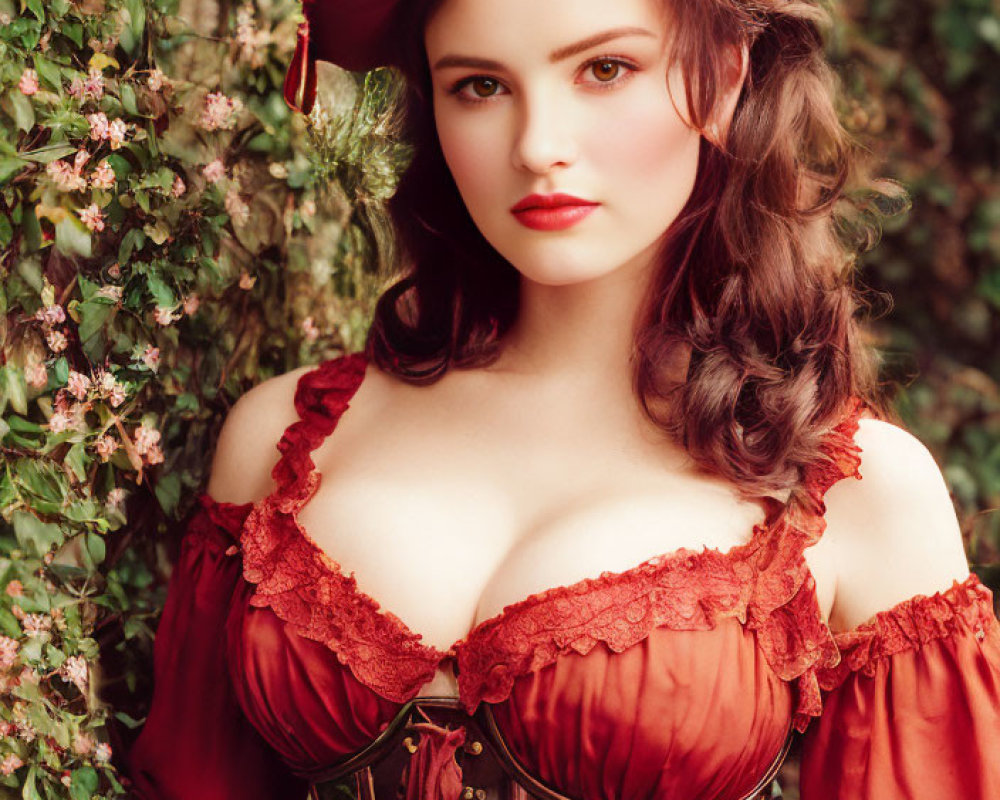 Vintage Woman in Red Dress and Hat with Wavy Hair on Ivy Backdrop