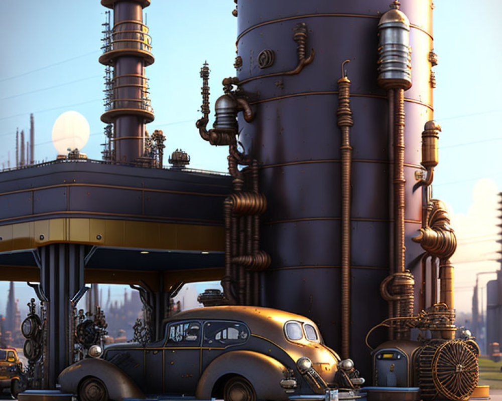 Steampunk scene with classic car, intricate machinery, pipes, valves, and bronze tones