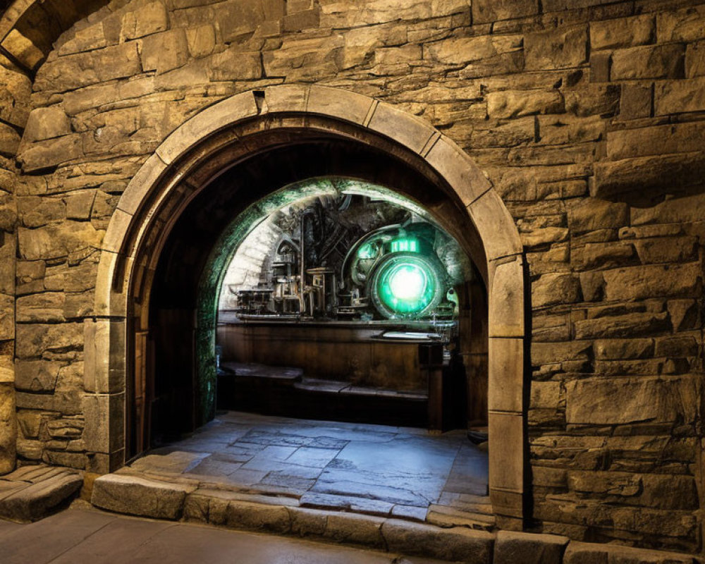 Stone archway into dimly lit room with glowing green circle - mysterious ambiance