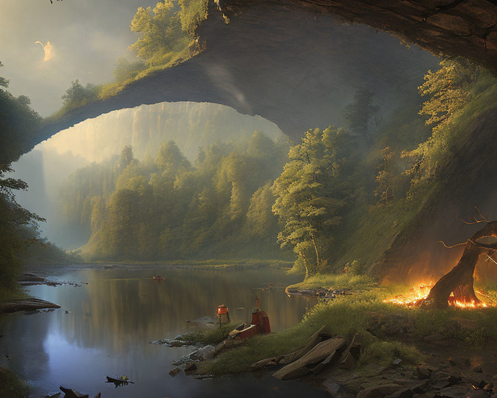 Tranquil forest river scene with figure by fire and natural arch