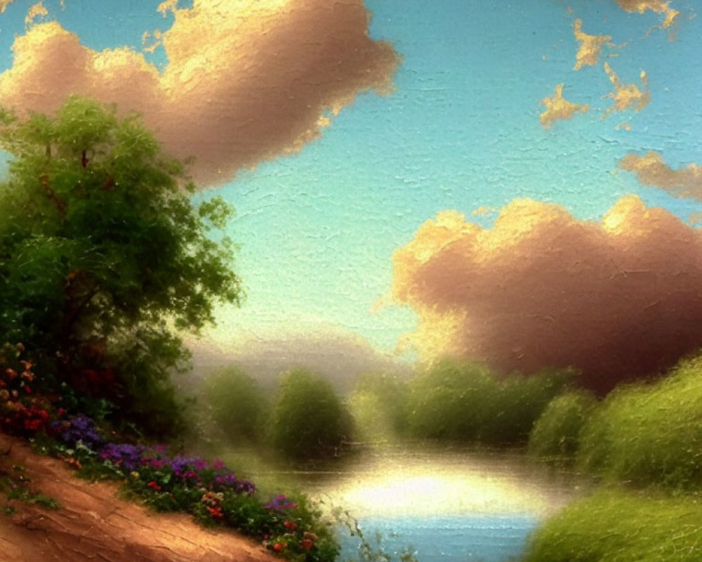 Tranquil river scene at dusk with fluffy clouds and colorful flowers