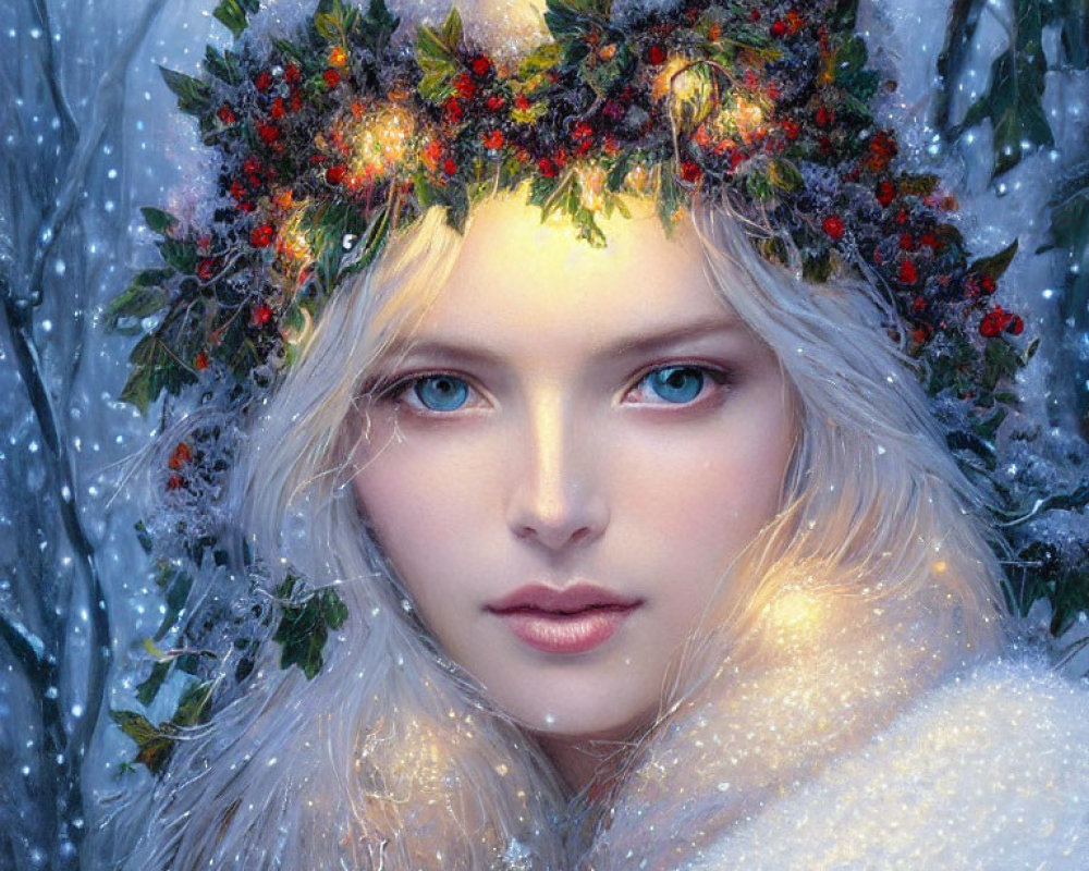 Woman with Festive Holly Crown in Snowy Background with Striking Blue Eyes