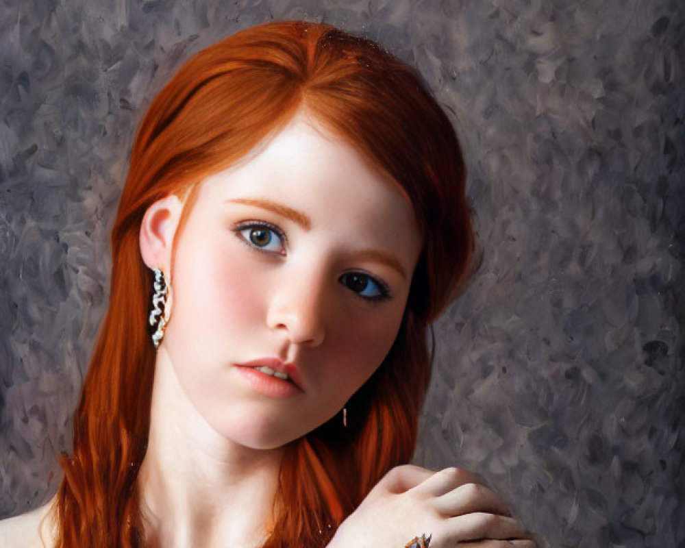 Young woman with red hair and blue eyes portrait against grey background