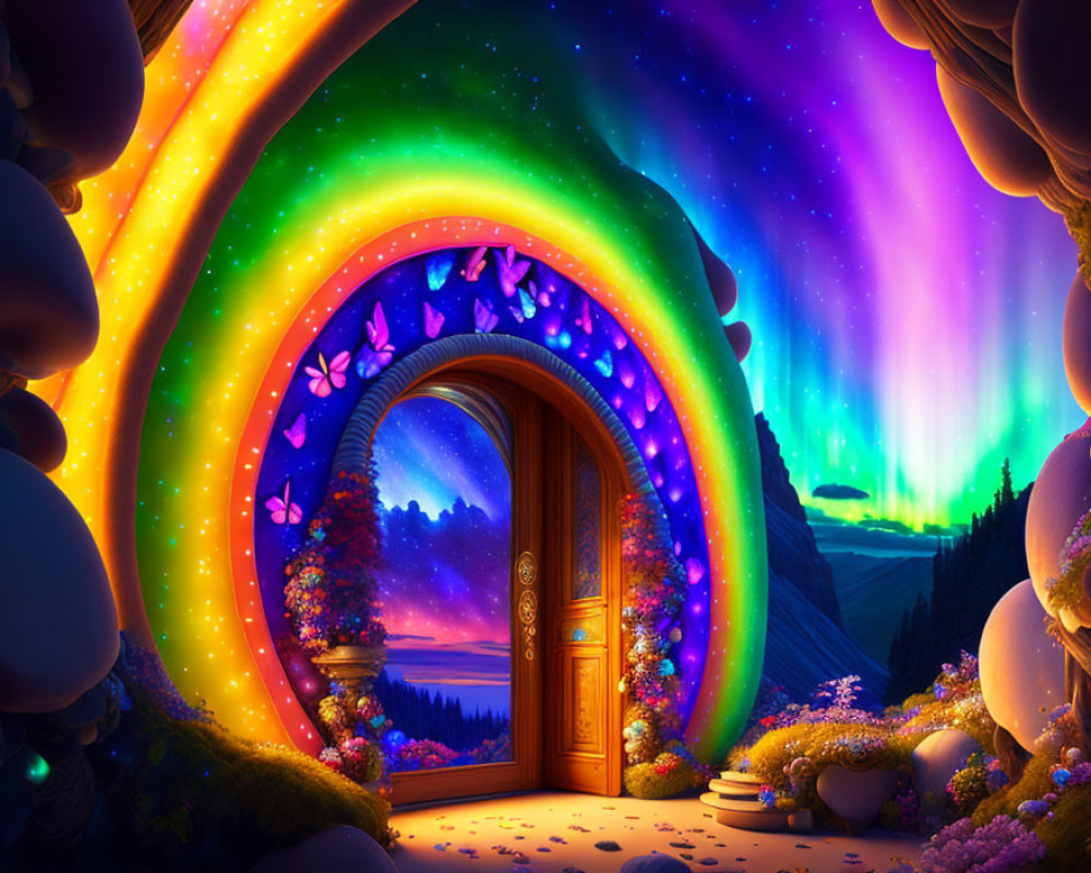 Colorful butterfly portal amid twilight landscape with aurora and rock formations