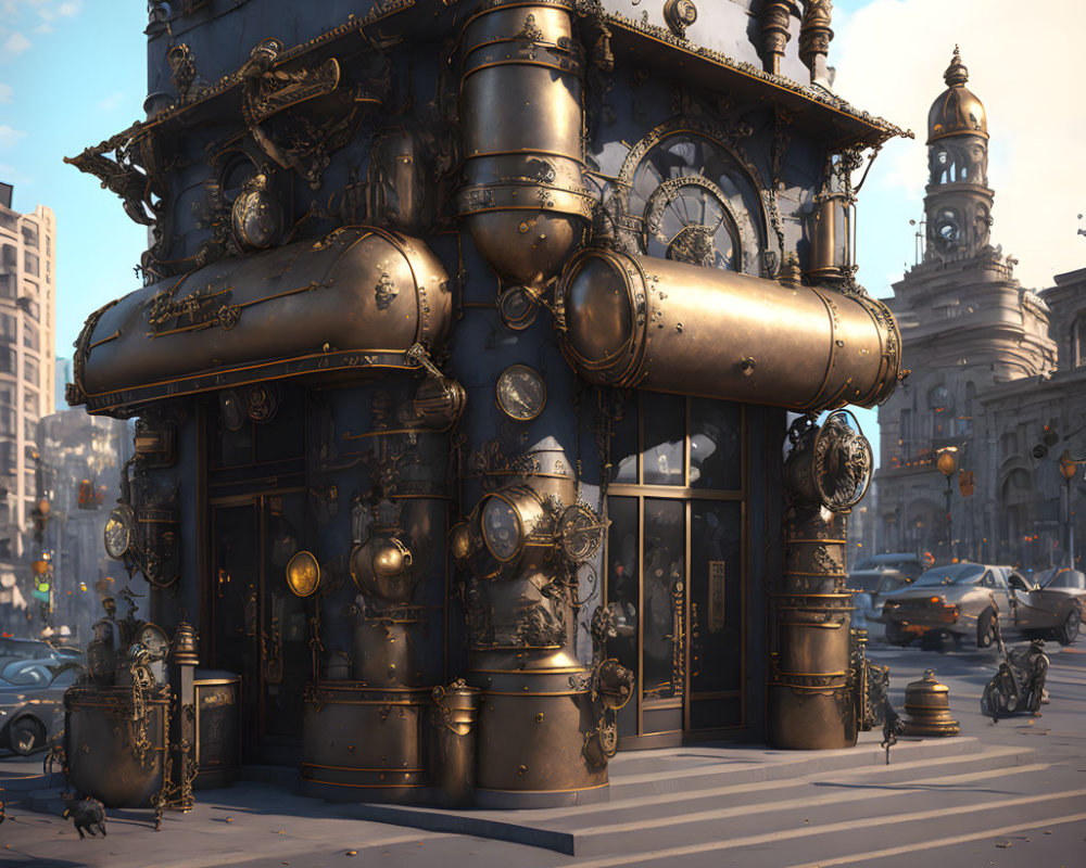 Steampunk-inspired corner building with brass pipes in a bustling city.