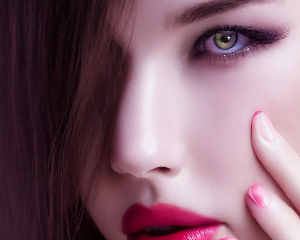 Detailed portrait of woman with vibrant green eyes, pink nails, and bold red lipstick