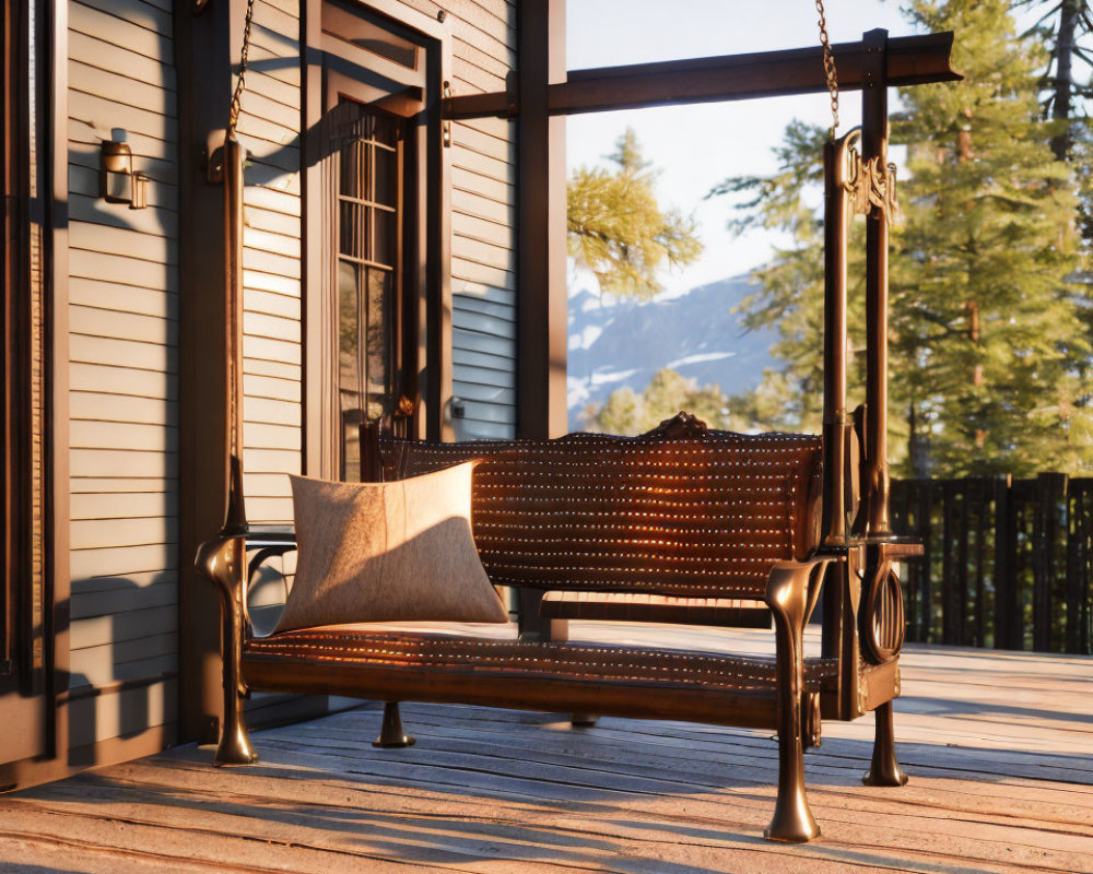 Cushioned porch swing on wooden deck with mountain view at sunset