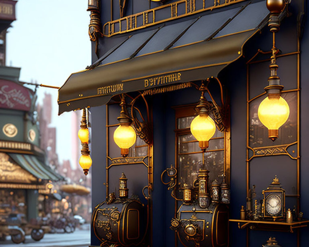 Steampunk-themed street corner with decorative gears and glowing lamps at dusk